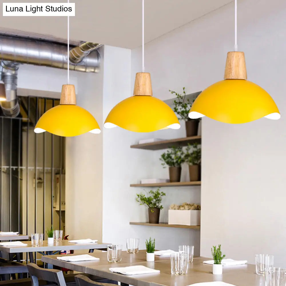 Macaron Iron 1-Light Waving Dome Pendant Lamp In Pink/Yellow/Green Finish For Dining Room