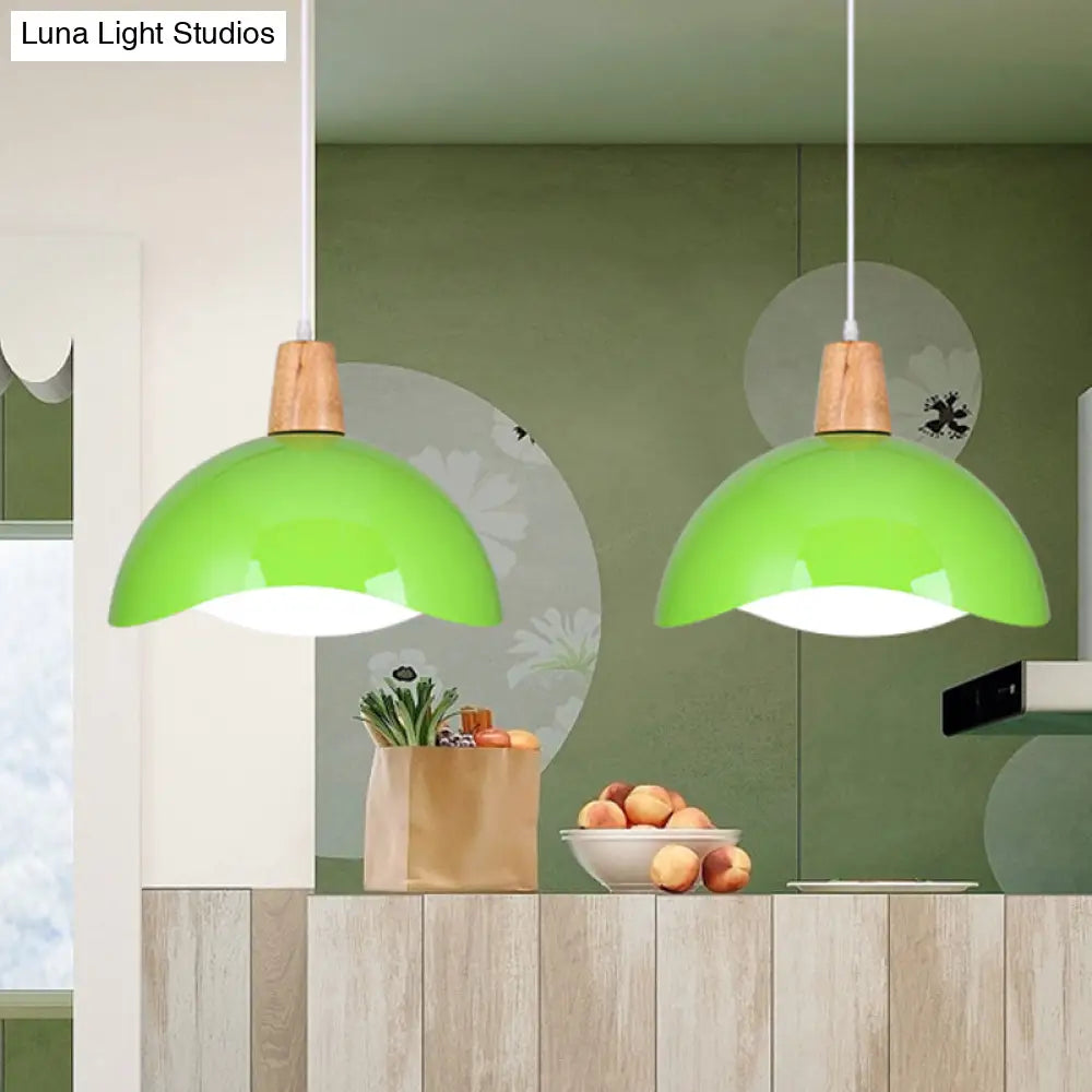 Macaron Iron 1-Light Waving Dome Pendant Lamp In Pink/Yellow/Green Finish For Dining Room