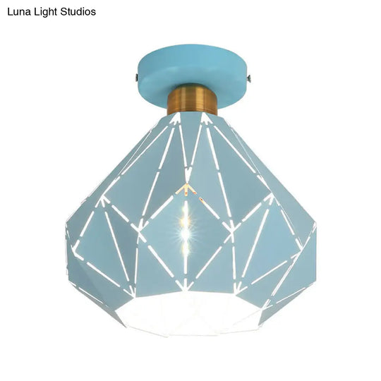 Macaron Iron Ceiling Light: Laser-Cut Diamond Shape Semi Flush Mount 1 Head For Corridors