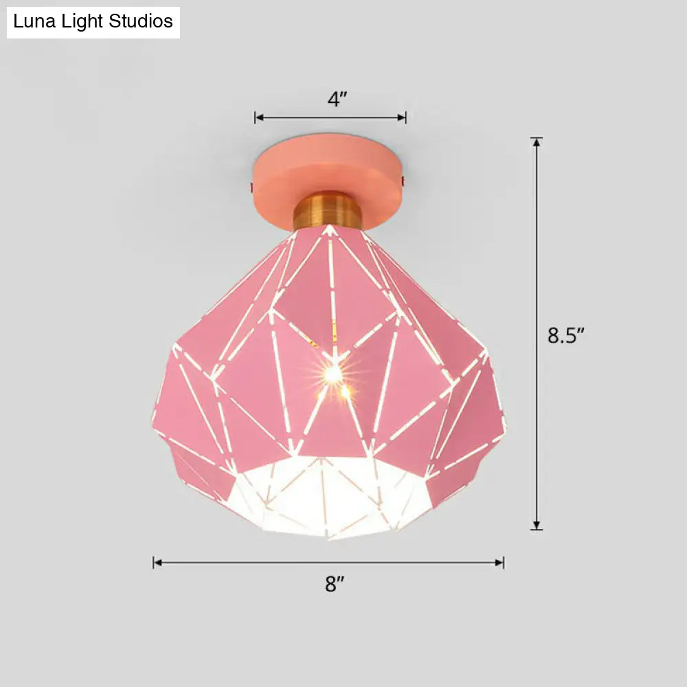 Macaron Iron Ceiling Light: Laser-Cut Diamond Shape Semi Flush Mount 1 Head For Corridors Pink