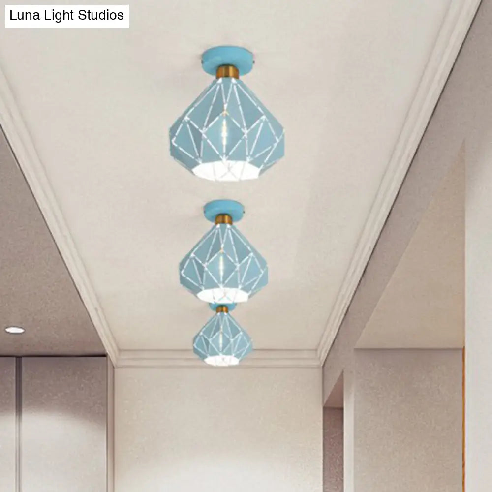 Macaron Iron Ceiling Light: Laser-Cut Diamond Shape Semi Flush Mount 1 Head For Corridors