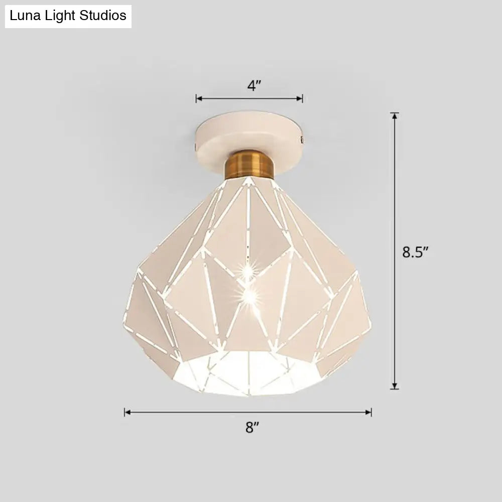 Macaron Iron Ceiling Light: Laser-Cut Diamond Shape Semi Flush Mount 1 Head For Corridors White