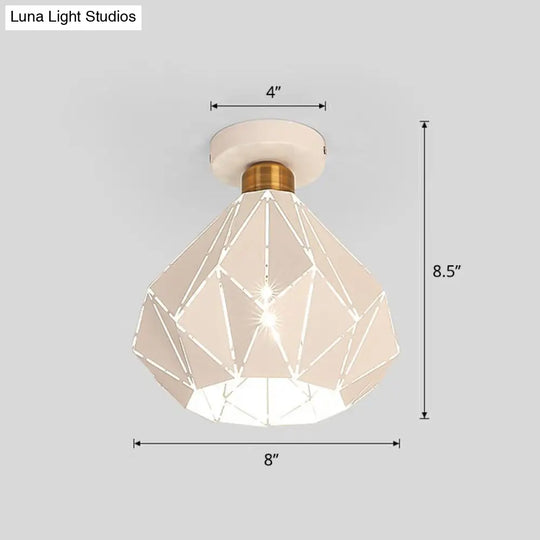 Macaron Iron Ceiling Light: Laser-Cut Diamond Shape Semi Flush Mount 1 Head For Corridors White