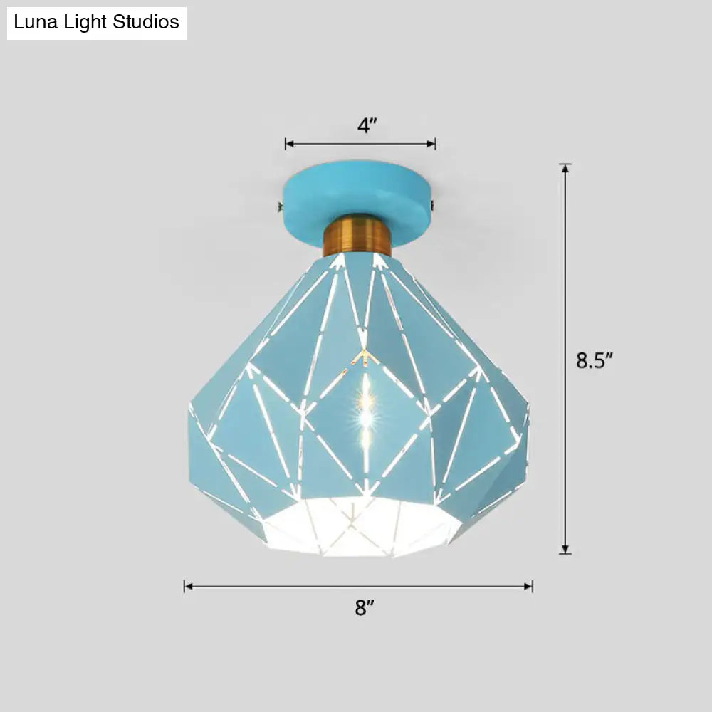 Macaron Iron Ceiling Light: Laser-Cut Diamond Shape Semi Flush Mount 1 Head For Corridors Blue