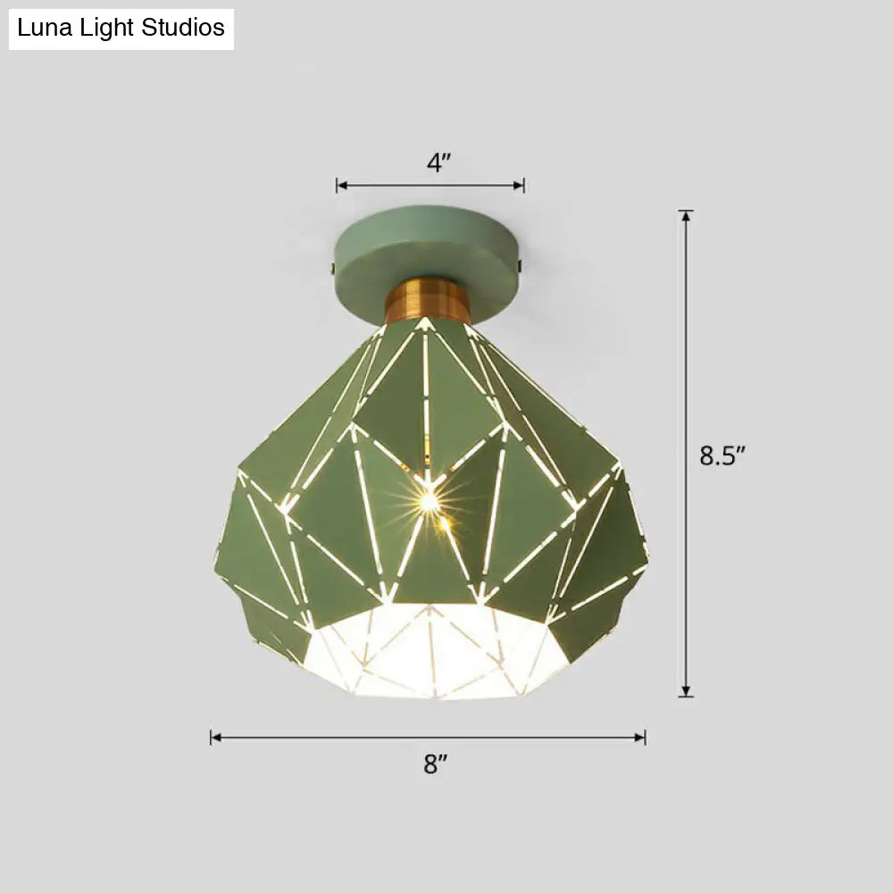 Macaron Iron Ceiling Light: Laser-Cut Diamond Shape Semi Flush Mount 1 Head For Corridors Green