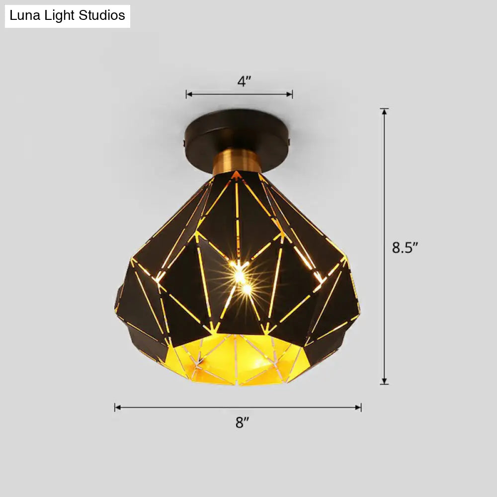 Macaron Iron Ceiling Light: Laser-Cut Diamond Shape Semi Flush Mount 1 Head For Corridors Black