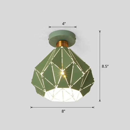 Macaron Iron Ceiling Light: Laser - Cut Diamond Shape Semi Flush Mount 1 Head For Corridors Green