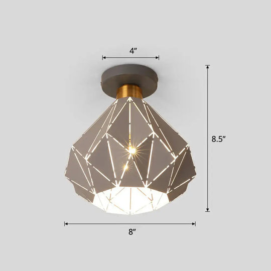 Macaron Iron Ceiling Light: Laser - Cut Diamond Shape Semi Flush Mount 1 Head For Corridors Grey