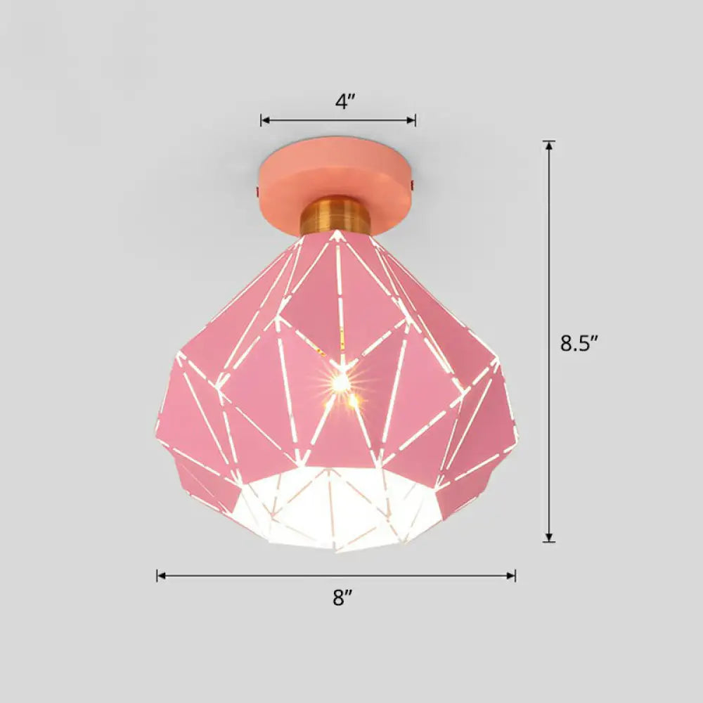 Macaron Iron Ceiling Light: Laser - Cut Diamond Shape Semi Flush Mount 1 Head For Corridors Pink