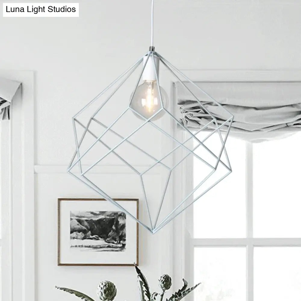 Macaron Cube Cage Pendant Light - Stylish Iron Undertint Hanging Lamp For Dining Table And Hallway