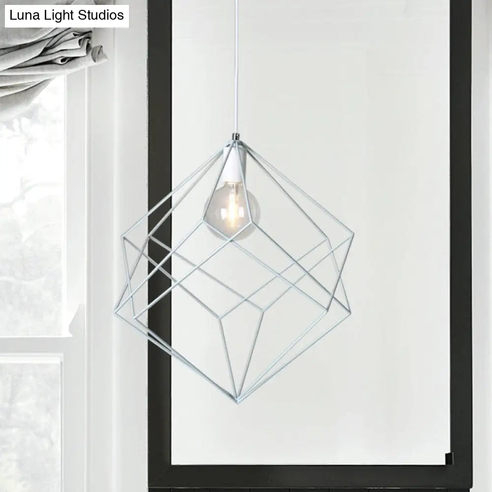 Macaron Cube Cage Pendant Light - Stylish Iron Undertint Hanging Lamp For Dining Table And Hallway