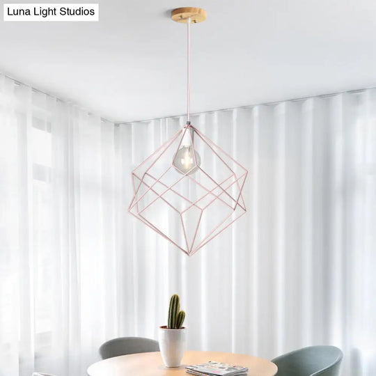 Macaron Cube Cage Pendant Light - Stylish Iron Undertint Hanging Lamp For Dining Table And Hallway