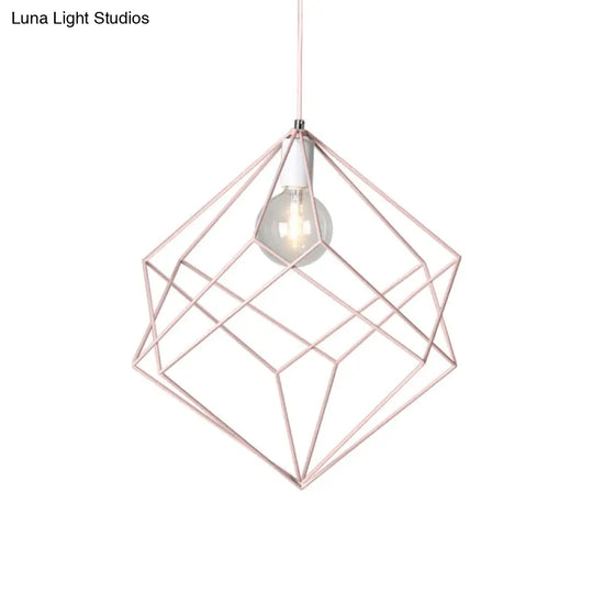 Macaron Cube Cage Pendant Light - Stylish Iron Undertint Hanging Lamp For Dining Table And Hallway