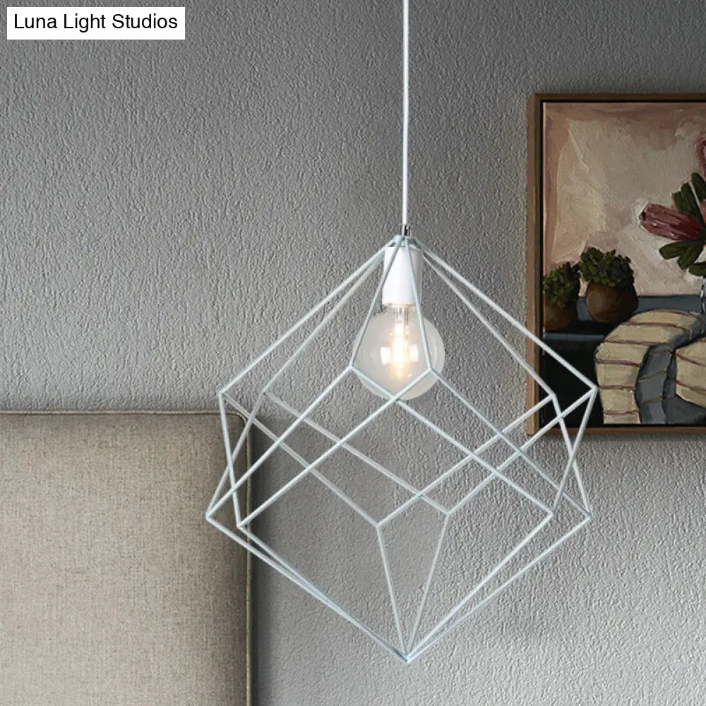 Macaron Cube Cage Pendant Light - Stylish Iron Undertint Hanging Lamp For Dining Table And Hallway