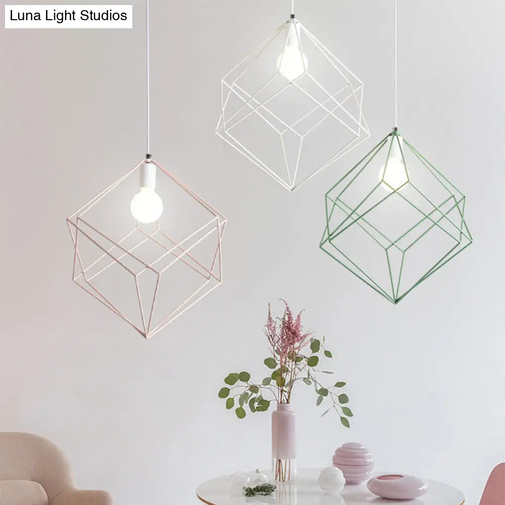 Macaron Cube Cage Pendant Light - Stylish Iron Undertint Hanging Lamp For Dining Table And Hallway