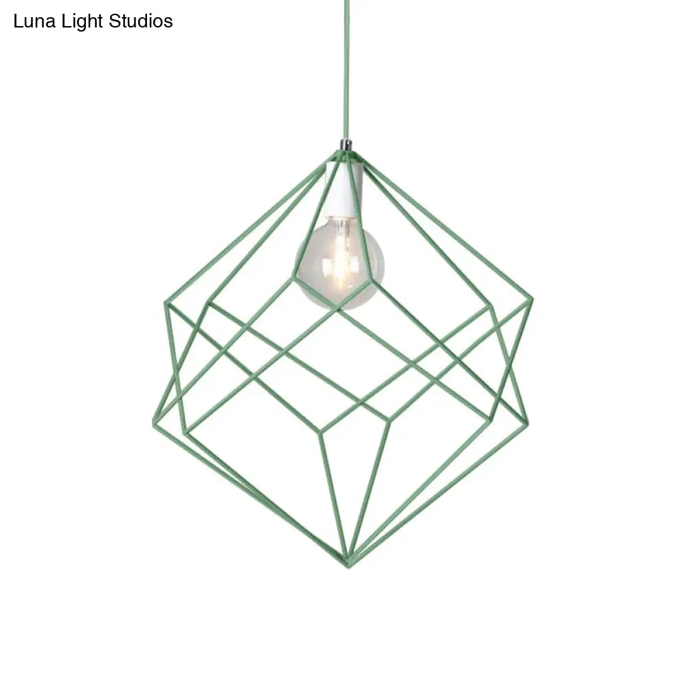 Macaron Cube Cage Pendant Light - Stylish Iron Undertint Hanging Lamp For Dining Table And Hallway