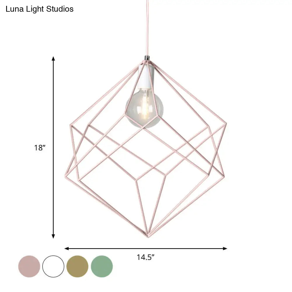 Macaron Cube Cage Pendant Light - Stylish Iron Undertint Hanging Lamp For Dining Table And Hallway