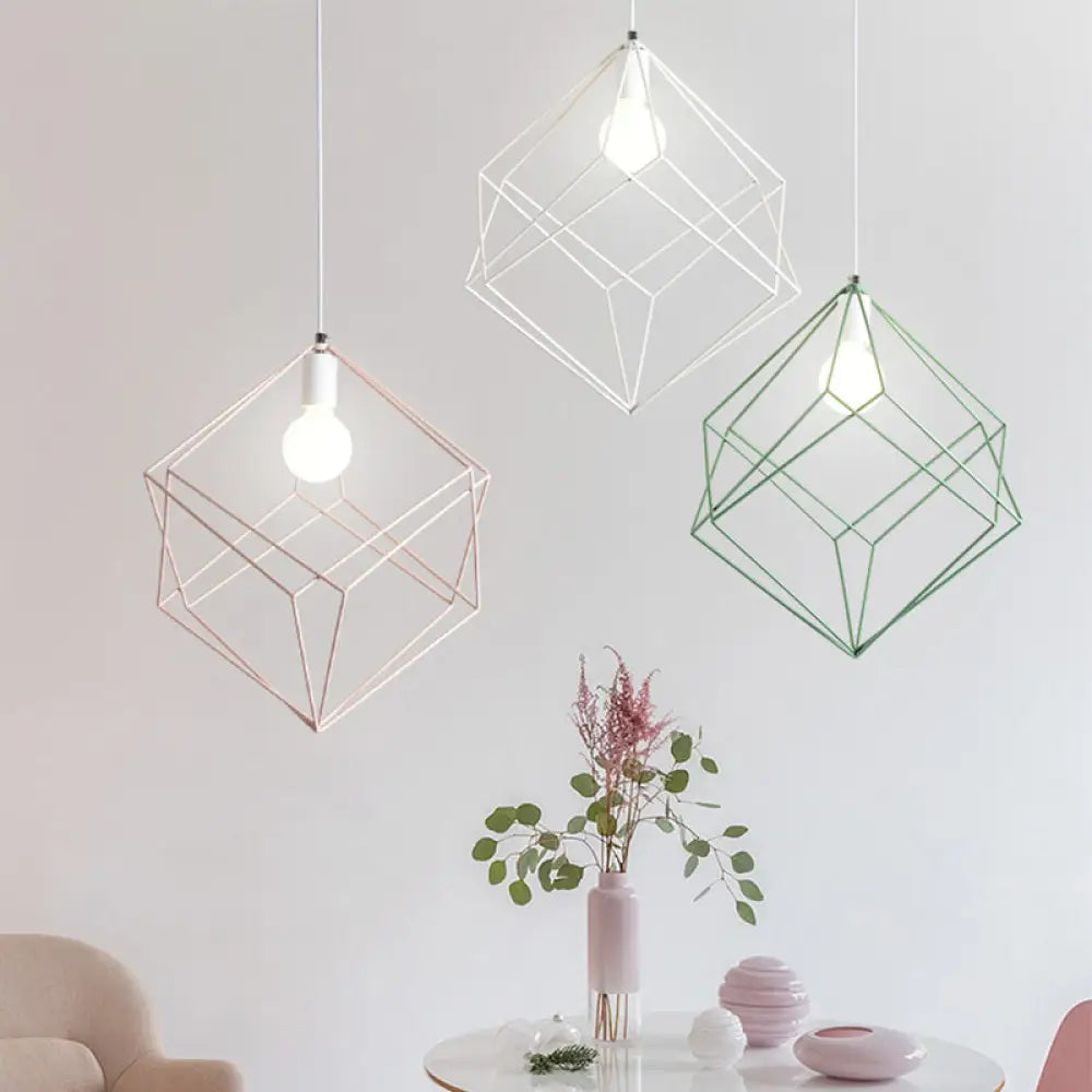 Macaron Iron Cube Pendant Light - Stylish Dining Table And Hallway Hanging Lamp Pink