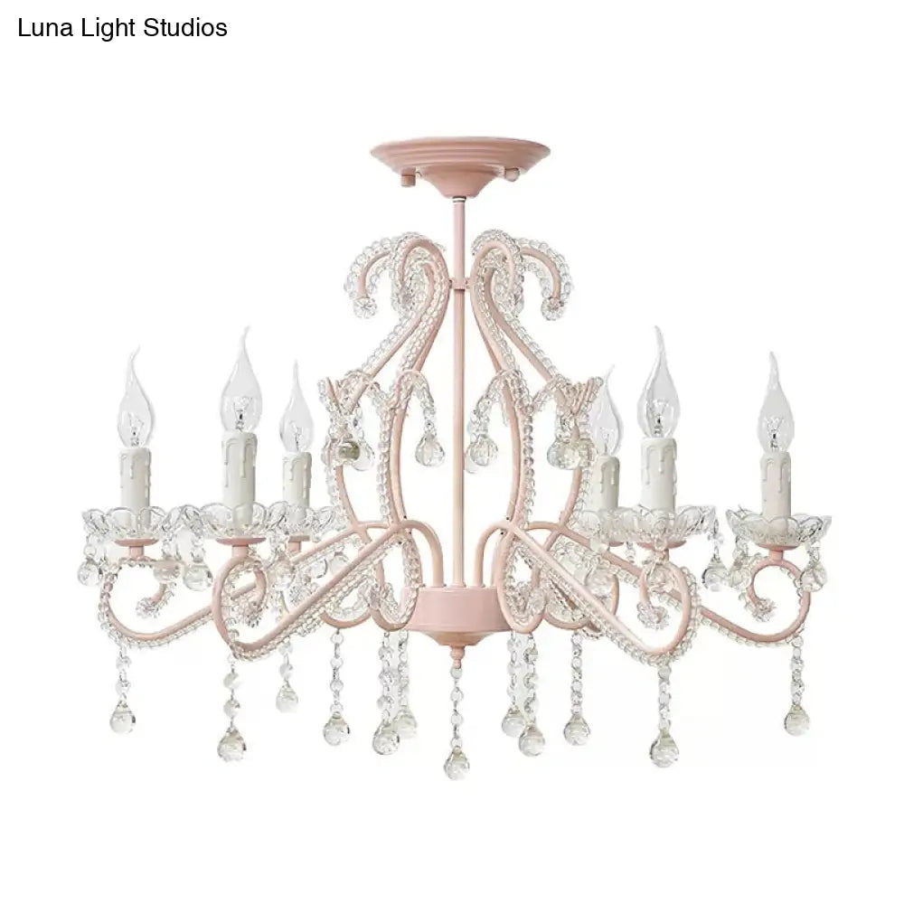 Macaron Kids Bedroom Chandelier- 6-Light Ceiling Fixture With Candle And Clear Crystal Decoration 6