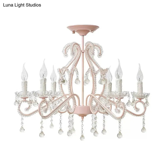 Macaron Kids Bedroom Chandelier- 6-Light Ceiling Fixture With Candle And Clear Crystal Decoration 6