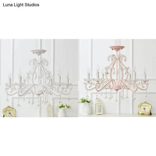 Macaron Kids Bedroom Chandelier- 6-Light Ceiling Fixture With Candle And Clear Crystal Decoration