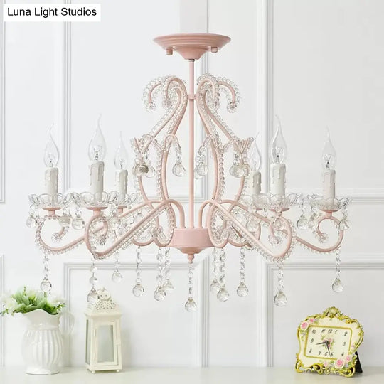 Macaron Kids Bedroom Chandelier- 6-Light Ceiling Fixture With Candle And Clear Crystal Decoration