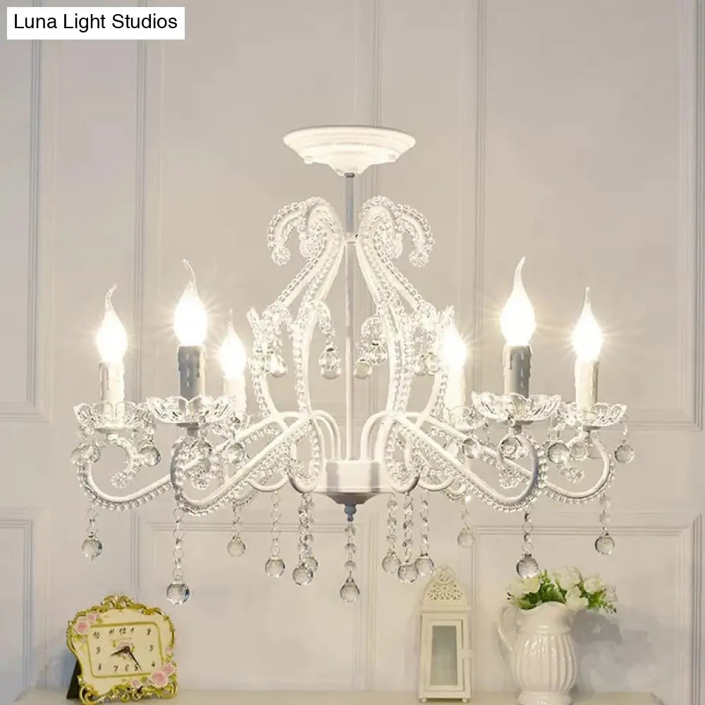 Macaron Kids Bedroom Chandelier- 6-Light Ceiling Fixture With Candle And Clear Crystal Decoration