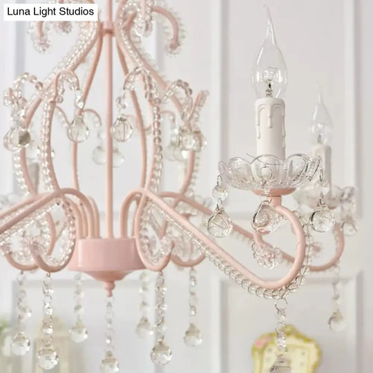 Macaron Kids Bedroom Chandelier- 6-Light Ceiling Fixture With Candle And Clear Crystal Decoration