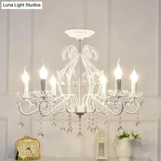 Macaron Kids Bedroom Chandelier- 6-Light Ceiling Fixture With Candle And Clear Crystal Decoration