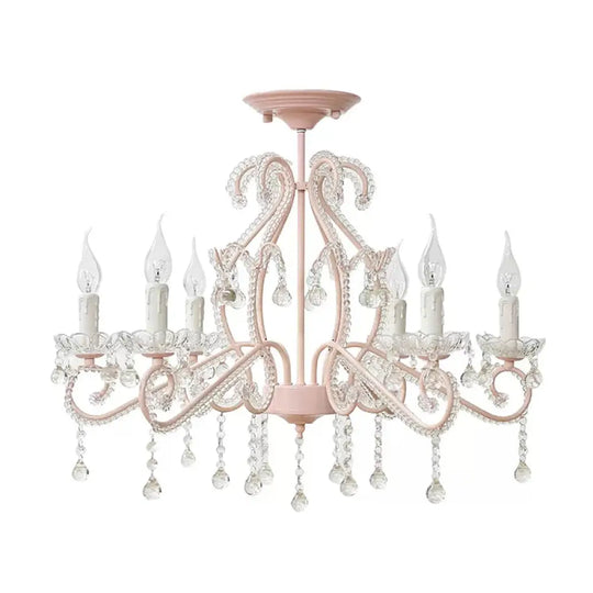 Macaron Kids Bedroom Chandelier- 6-Light Ceiling Fixture With Candle And Clear Crystal Decoration 6