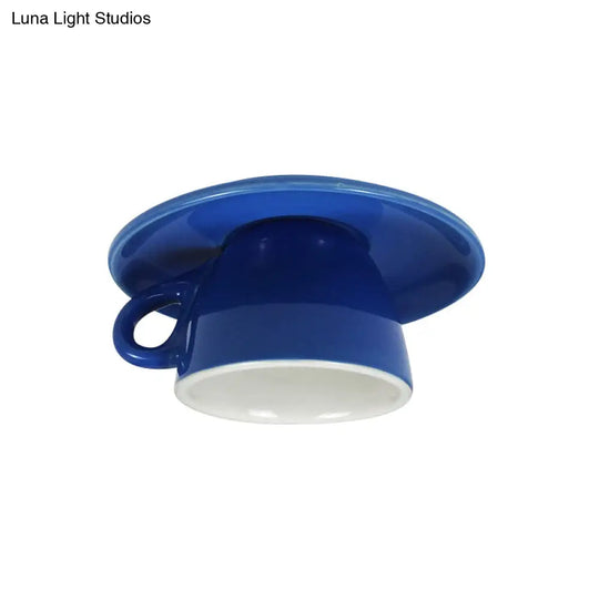 Macaron Led Flush Mount Ceiling Light In Pink/Blue/Yellow Ceramic Finish For Coffee Lovers