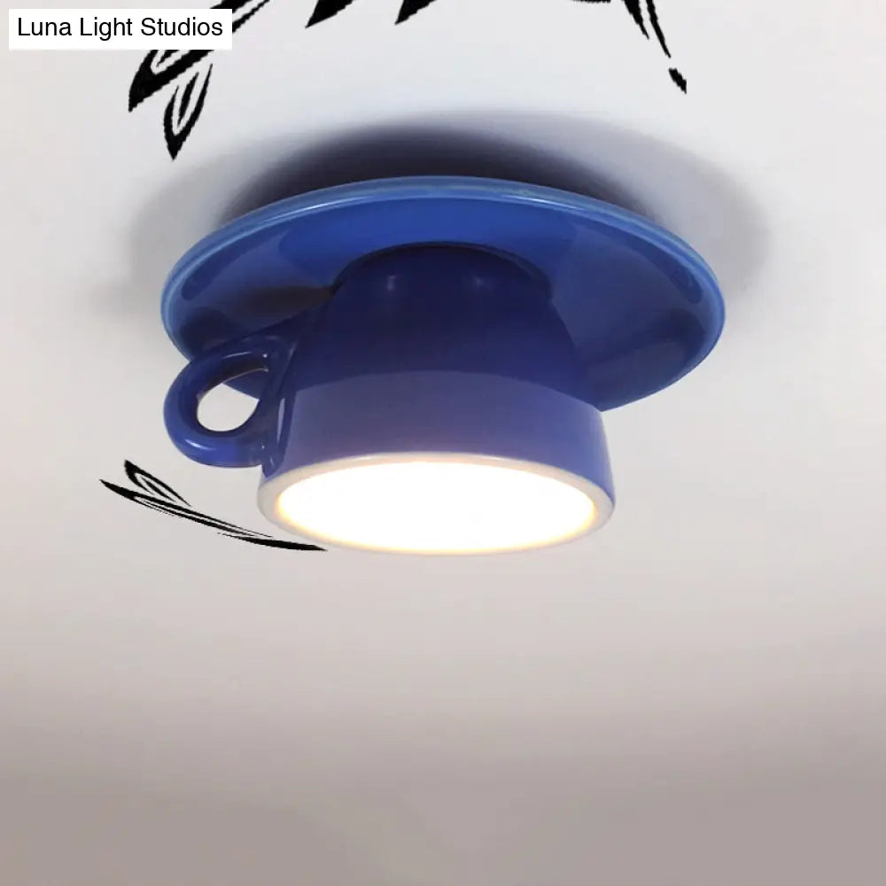 Macaron Led Flush Mount Ceiling Light In Pink/Blue/Yellow Ceramic Finish For Coffee Lovers