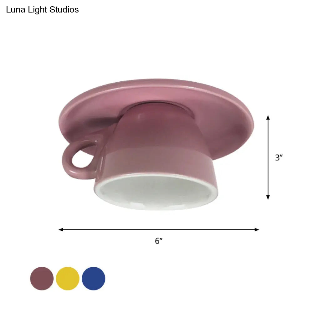 Macaron Led Flush Mount Ceiling Light In Pink/Blue/Yellow Ceramic Finish For Coffee Lovers