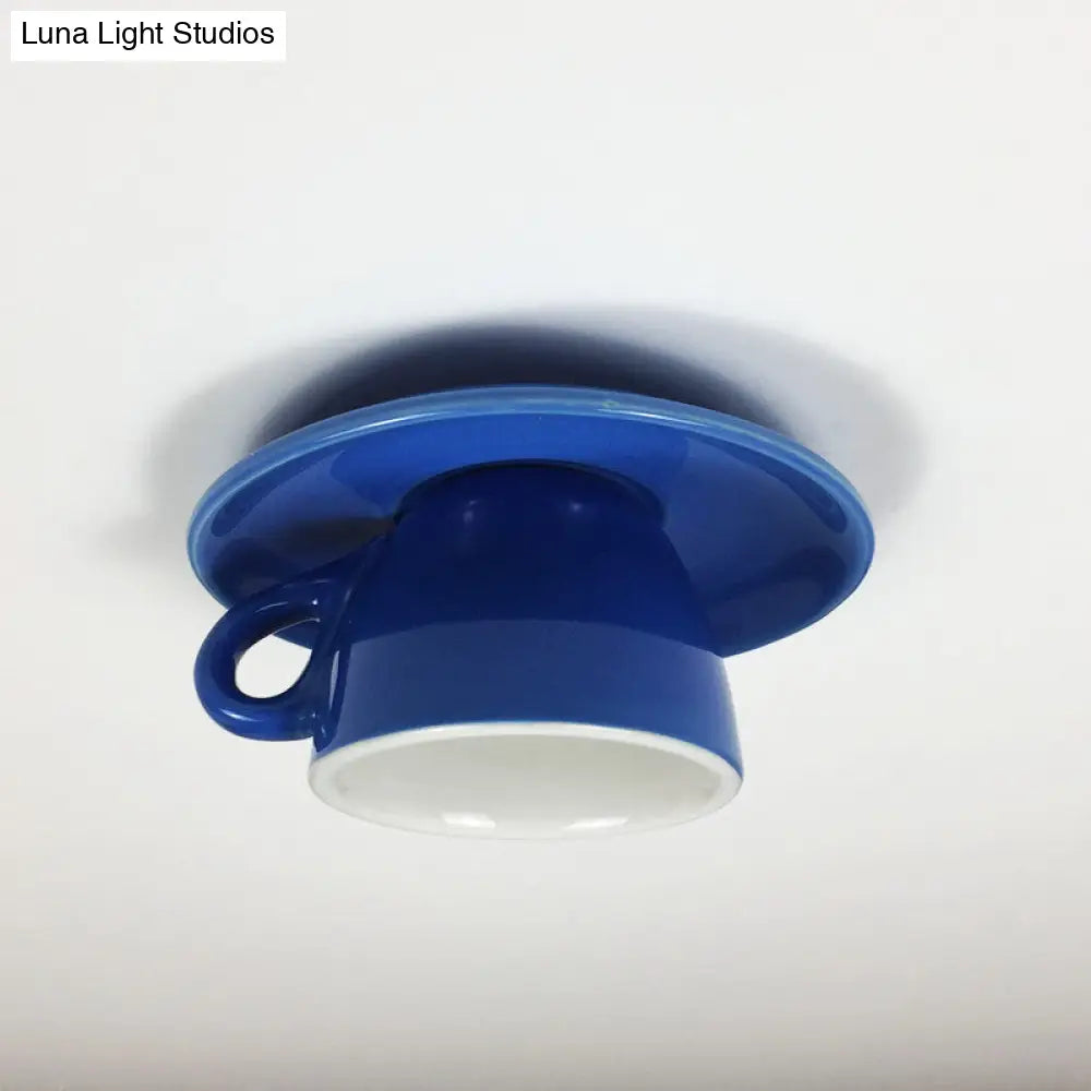 Macaron Led Flush Mount Ceiling Light In Pink/Blue/Yellow Ceramic Finish For Coffee Lovers