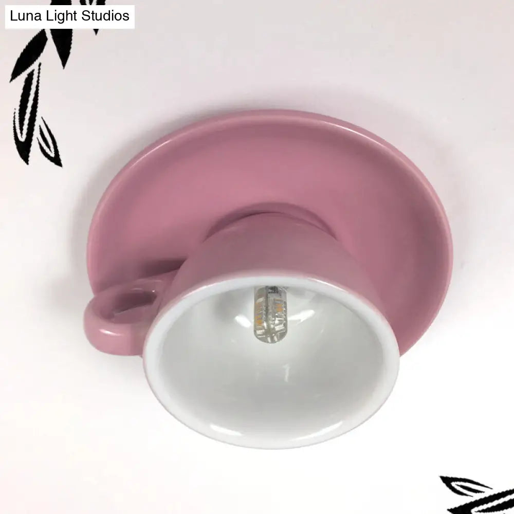 Macaron Led Flush Mount Ceiling Light In Pink/Blue/Yellow Ceramic Finish For Coffee Lovers Pink