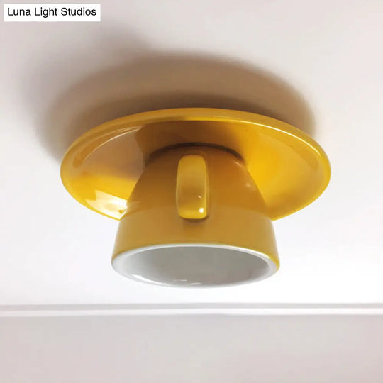 Macaron Led Flush Mount Ceiling Light In Pink/Blue/Yellow Ceramic Finish For Coffee Lovers Yellow