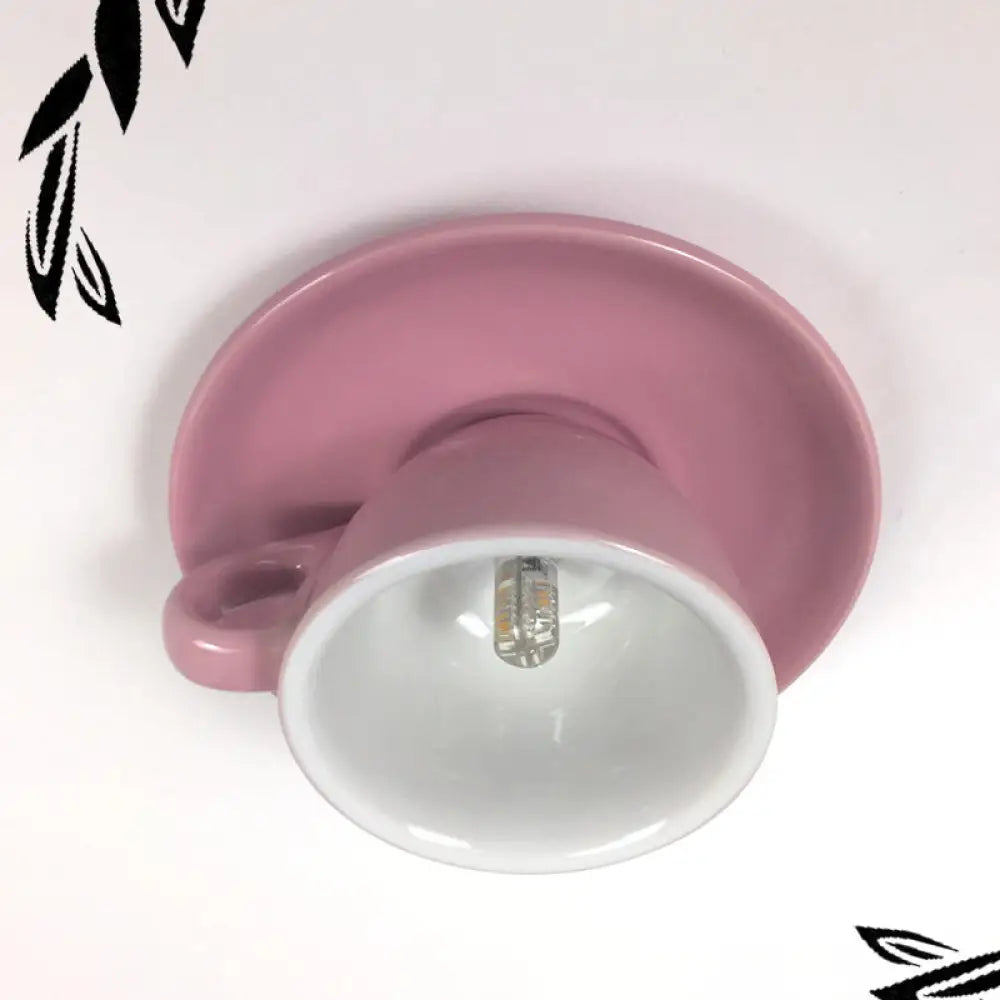 Macaron Led Flush Mount Ceiling Light In Pink/Blue/Yellow Ceramic Finish For Coffee Lovers Pink