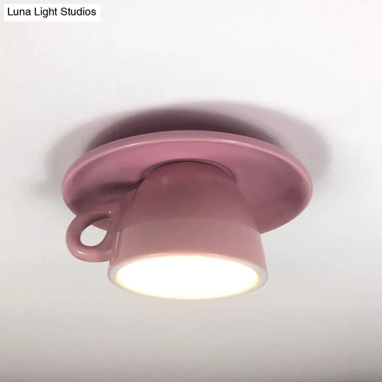 Macaron Led Flush Mount Ceiling Light In Pink/Blue/Yellow Ceramic Finish For Coffee Lovers