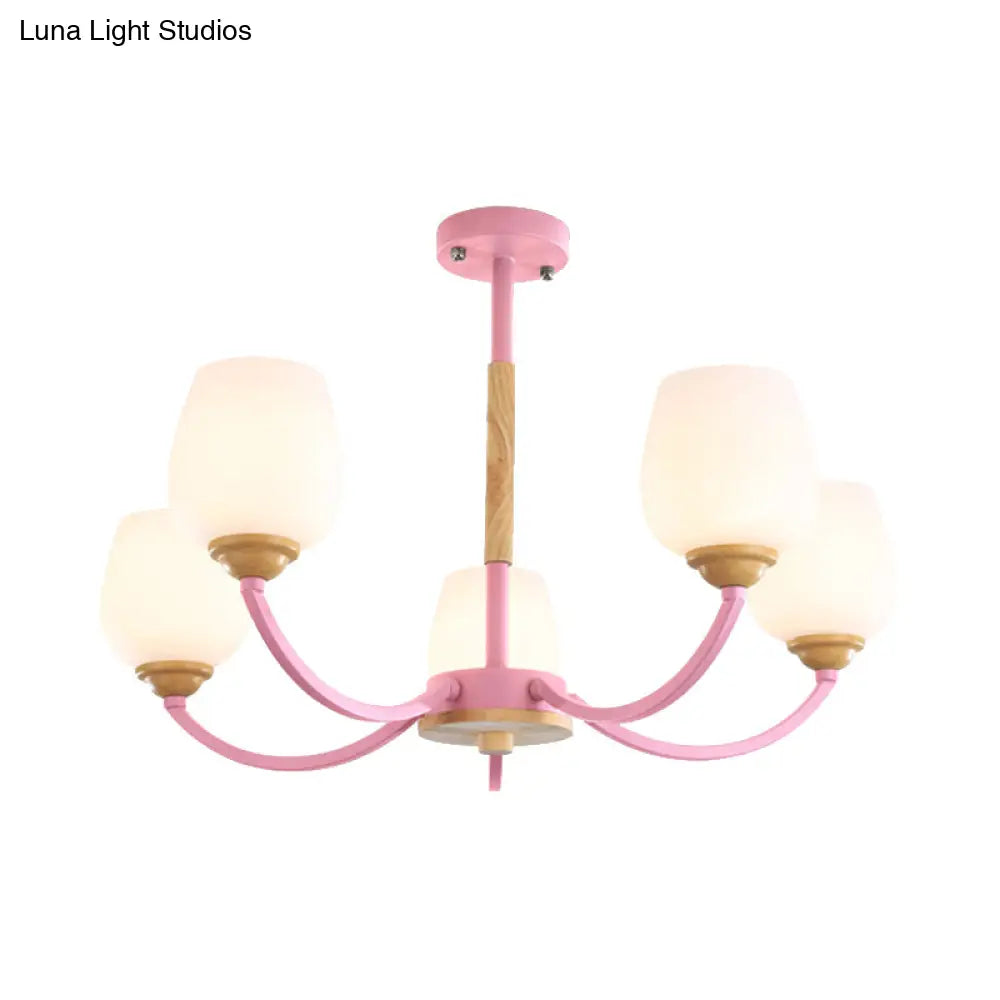 Macaron Loft Bud Shade Chandelier Light - Milk Glass Pendant For Child Bedroom In