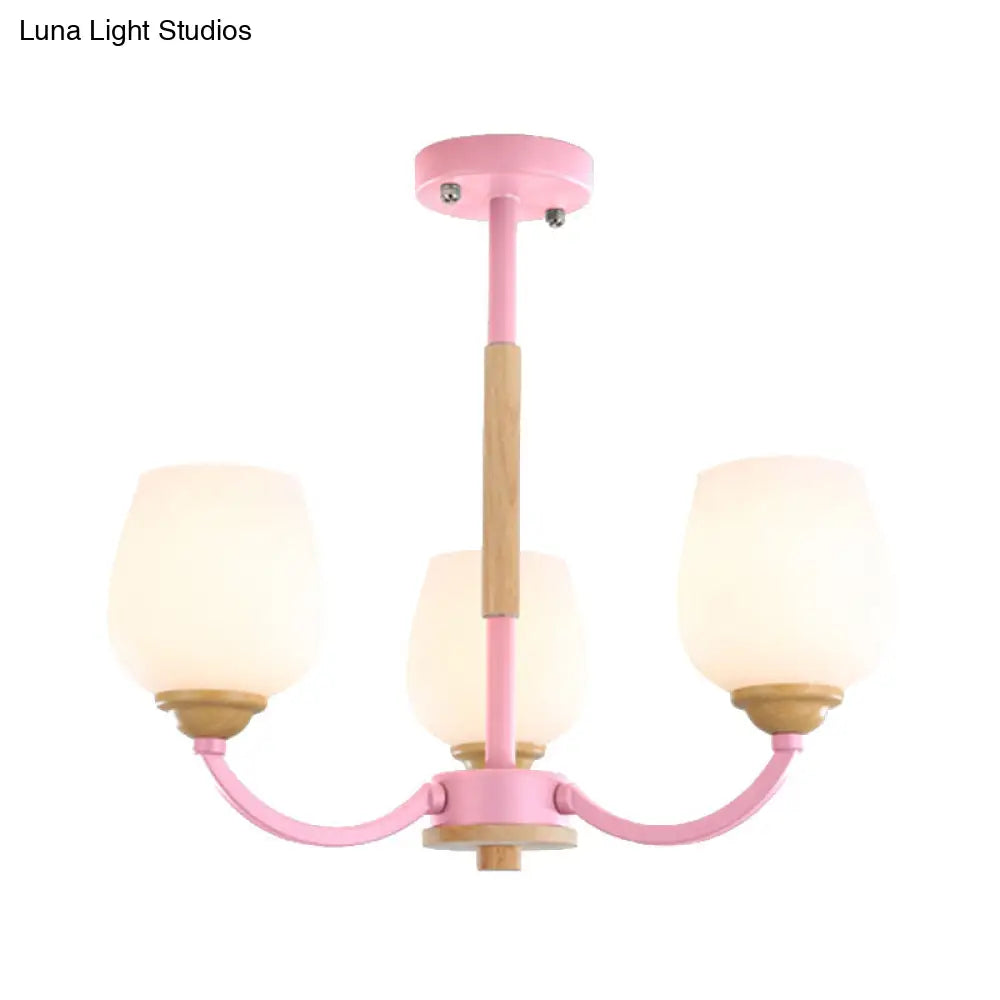 Macaron Loft Bud Shade Chandelier Light - Milk Glass Pendant For Child Bedroom In