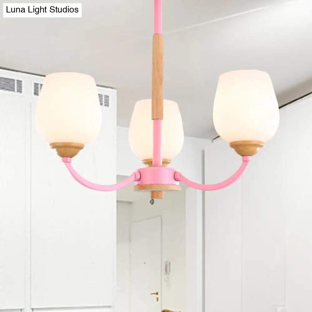 Macaron Loft Bud Shade Chandelier Light - Milk Glass Pendant For Child Bedroom In