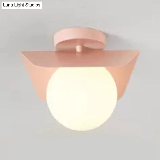 Macaron Loft Flush Mount Light: Orb Shade Frosted Glass 1-Bulb Ceiling Fixture For Hallway Pink