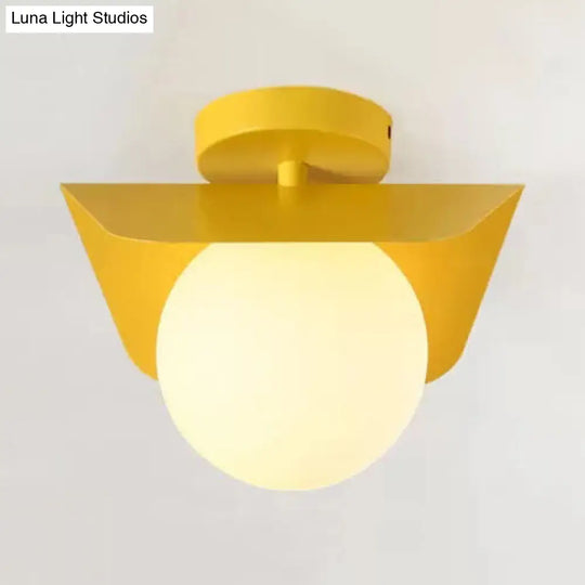Macaron Loft Flush Mount Light: Orb Shade Frosted Glass 1-Bulb Ceiling Fixture For Hallway Yellow
