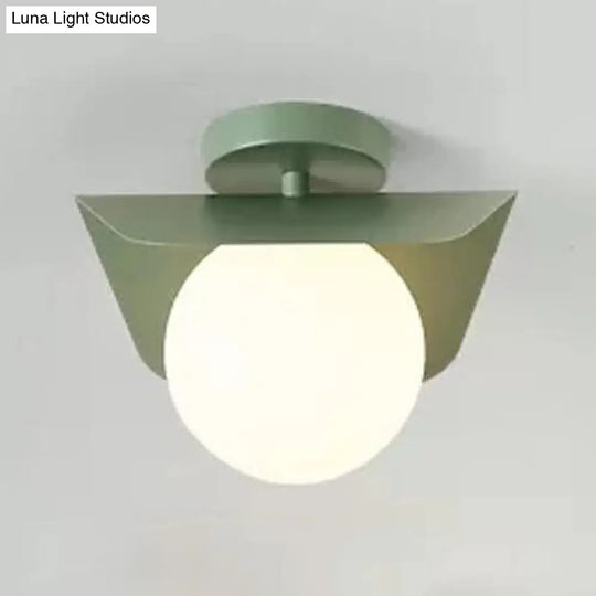 Macaron Loft Flush Mount Light: Orb Shade Frosted Glass 1-Bulb Ceiling Fixture For Hallway Green