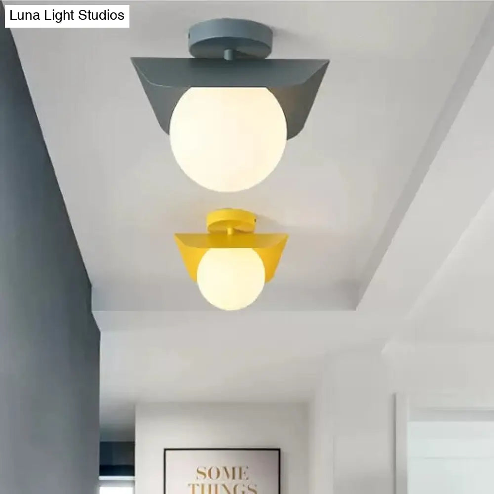 Macaron Loft Flush Mount Light: Orb Shade Frosted Glass 1-Bulb Ceiling Fixture For Hallway