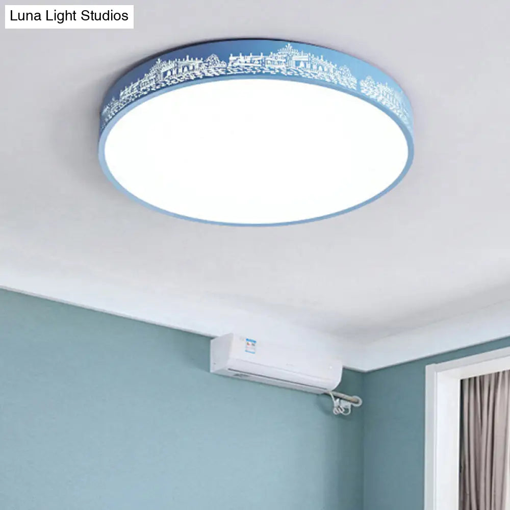 Macaron Loft Kids Ceiling Light With Etched Acrylic And Metal Mount - Round Design Blue / 12
