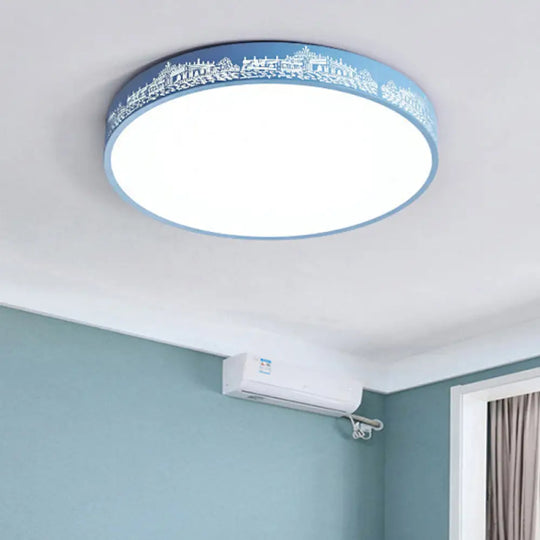 Macaron Loft Kids Ceiling Light With Etched Acrylic And Metal Mount - Round Design Blue / 12’
