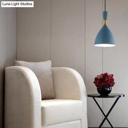 Macaron Loft One-Head Suspended Light For Restaurant Cloth Shop With Funnel Pendant In Aluminum Blue