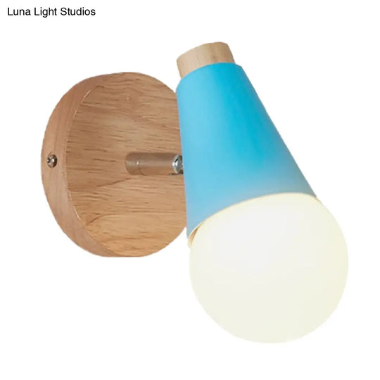 Macaron Loft Sweet Cone Wall Light - Metal/Wood Backplate Rotatable Single Blue/Green/Pink Corridor