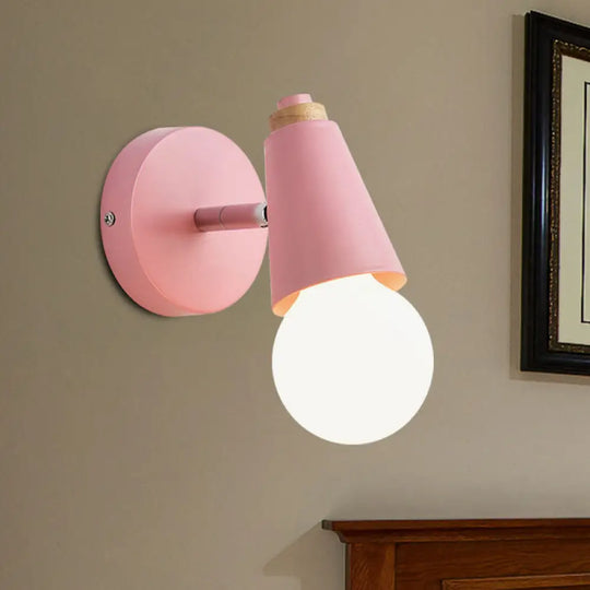 Macaron Loft Sweet Cone Wall Light - Metal/Wood Backplate Rotatable Single Blue/Green/Pink Corridor